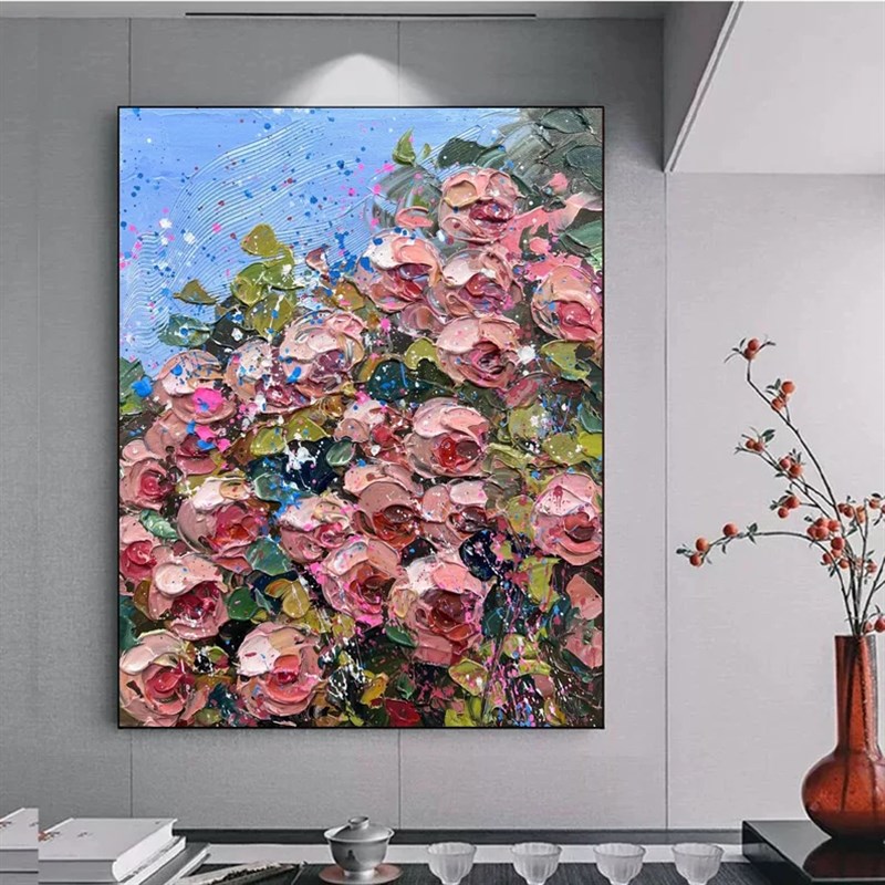 大芬村纯手绘油画抽象牡丹花卉立体肌理感客厅装饰画玄关走廊挂画图片