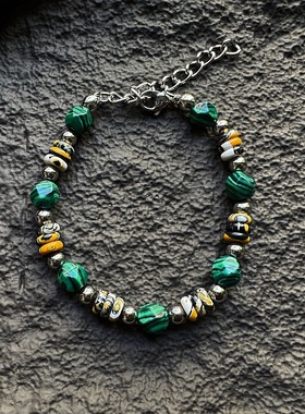 加格 复古孔雀石手链男高级感手串珠子生日礼物个性无明显风格女