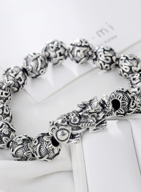 仿S99银3D硬古银招财貔貅手链男士佛珠手串六字真言跨境饰品