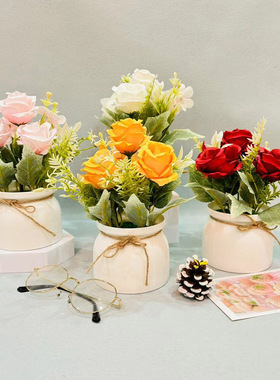 三朵玫瑰小翻边盆盆景组合仿真植物盆栽北欧风家居桌面装饰摆件