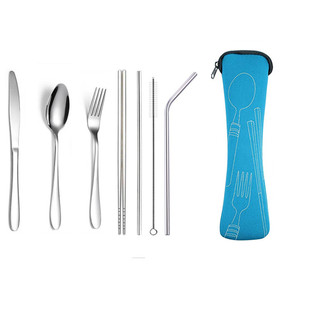 跨境货源不锈钢筷子刀叉勺布袋吸管刷套装户外旅行野营餐具水果