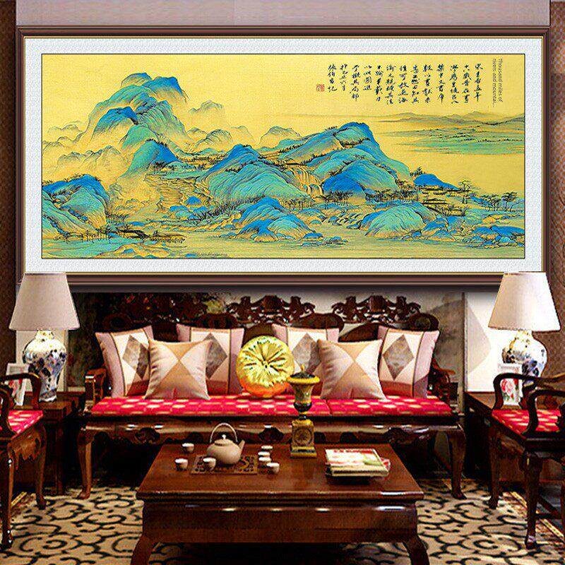 十字绣成品纯手工千里江山画新客厅大风景山水画配框装裱出售