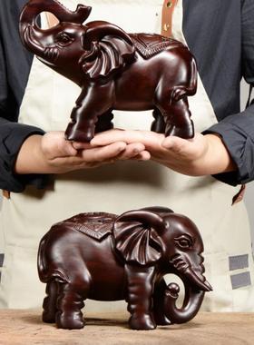 黑檀实木雕刻大象摆件木头根雕福财吉祥一对象创意家居装饰工艺品