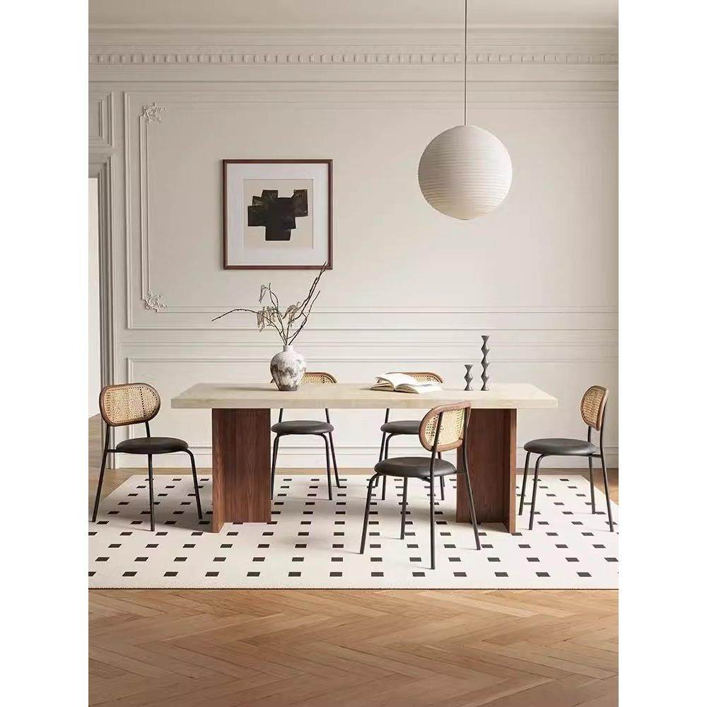 法式覆古风实木白蜡木餐桌洞石岩板饭桌现代简约长方形大户型桌子