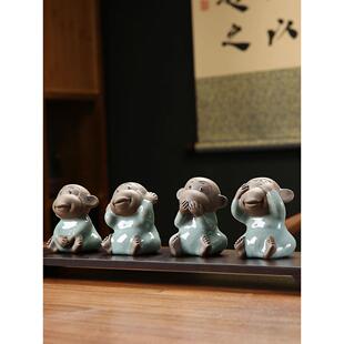 哥窑茶虫猴子不听不看不说四不猴紫砂茶宠摆件家用桌面茶空间装饰