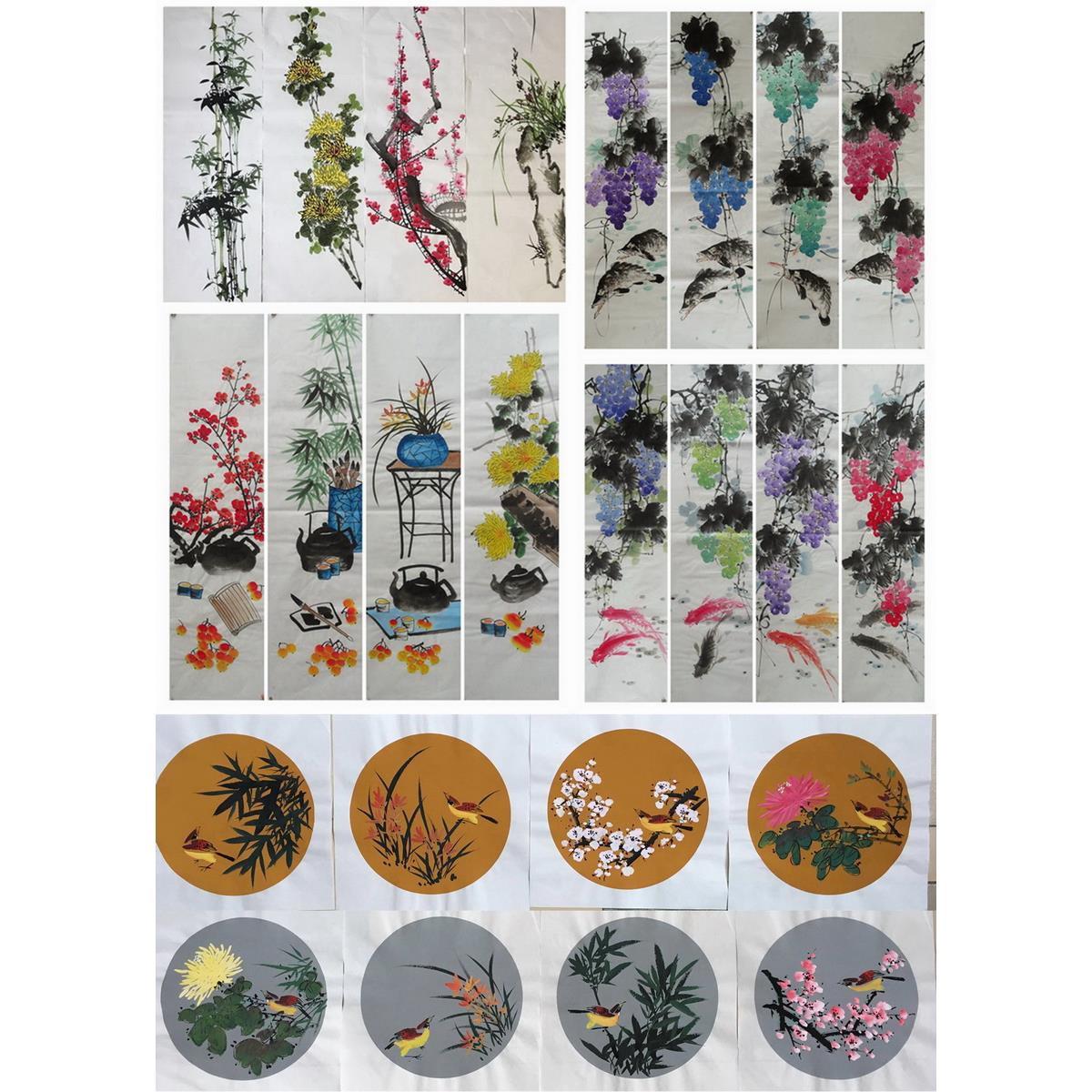 手绘水墨四条屏花鸟国画 梅兰竹菊 山水画 四君子条幅客厅装饰R27