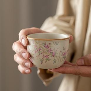 陶瓷可养个人专用茶具茶盏 米黄汝窑主人杯茶杯高档品茗杯单个中式