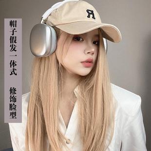 假发帽子一体爆款 白金中长卷发棒球帽大头围头套 R字母鸭舌帽时尚