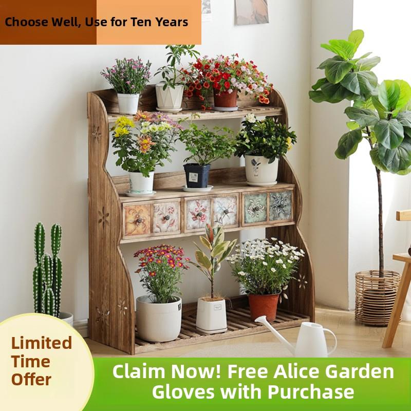 阳台花架储物架客厅地板站立多肉架与轮子可移动实木花盆梯子架植