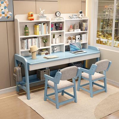 实木书桌书架一体儿童学习桌可升降家用双人位写字桌学生加长课桌