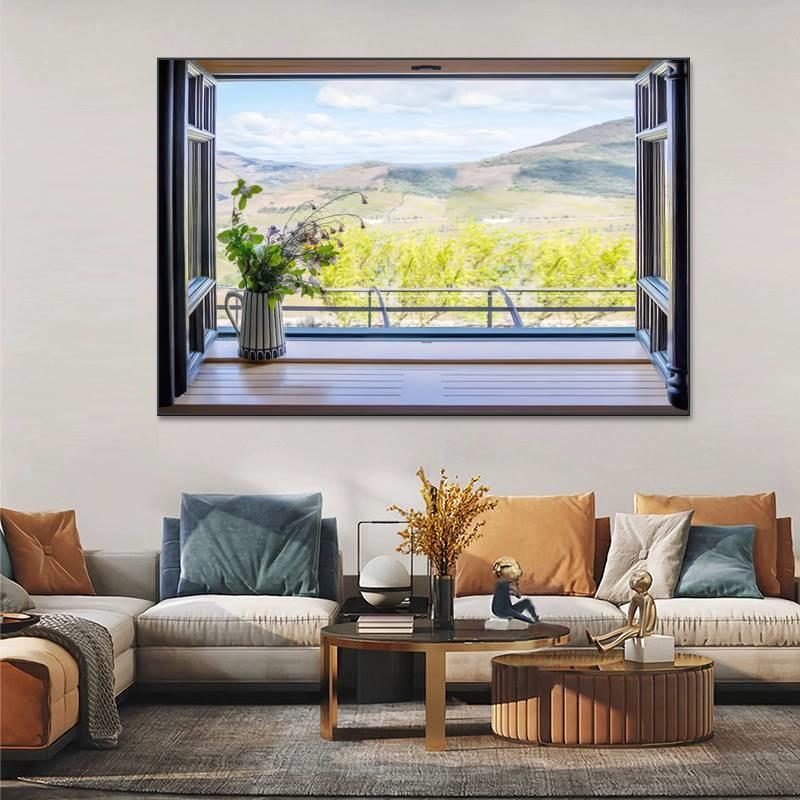 假窗户装饰画空间延伸感客厅挂画真开窗遮挡挂布灯光窗外风景画