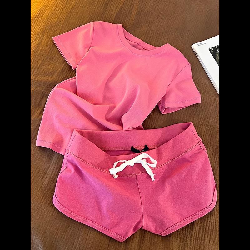 纯欲辣妹玫红色短袖睡衣女夏季新款抽绳休闲短裤家居服套装可外穿