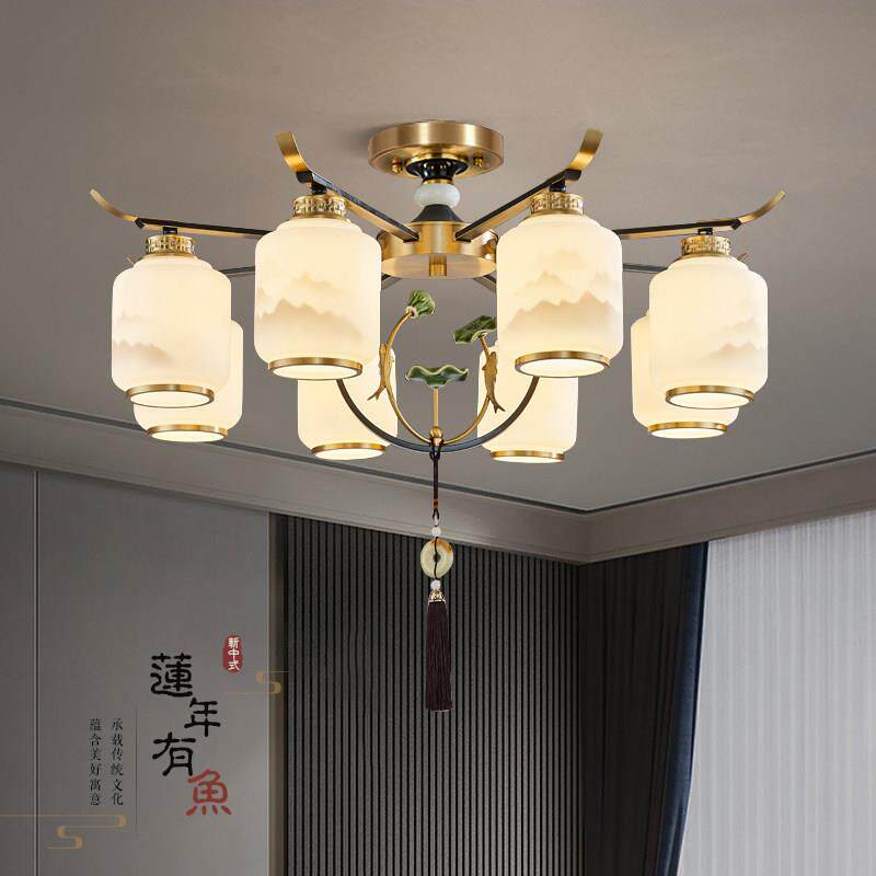 新中式莲花吊灯全铜客厅灯中国风简约餐厅灯饭店荷花2024新款灯具