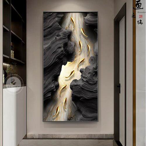 九鱼图玄关装饰画现代轻奢寓意好走廊过道挂画高级感大气发光壁画