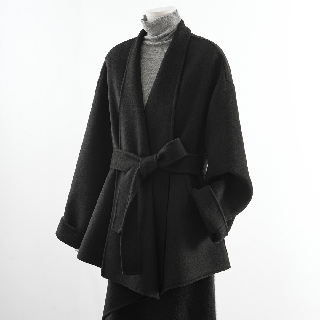 黑色短款系腰带大衣女2025年冬韩系加厚双面呢宽松小个子羊毛外套