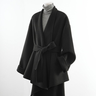 黑色短款系腰带大衣女2025年冬韩系加厚双面呢宽松小个子羊毛外套