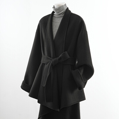 黑色短款系腰带大衣女2025年冬韩系加厚双面呢宽松小个子羊毛外套