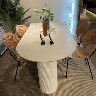 现代简新约椭圆形饭家用桌椅网红款 法式 奶油风半台岛AVP岩板餐桌