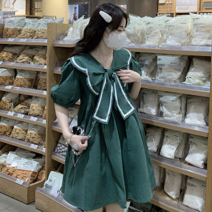 新款 绿色蝴蝶结连衣裙少女生夏装 初中高中学生甜美学院风裙子