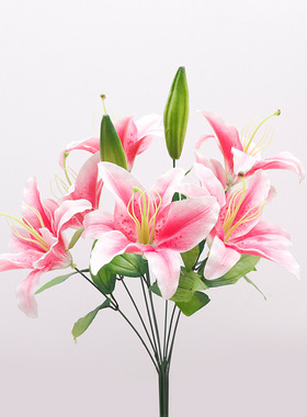 仿真7花2蕾百合花 百年好合床头虎兰摆件花束 婚庆百合花仿真花