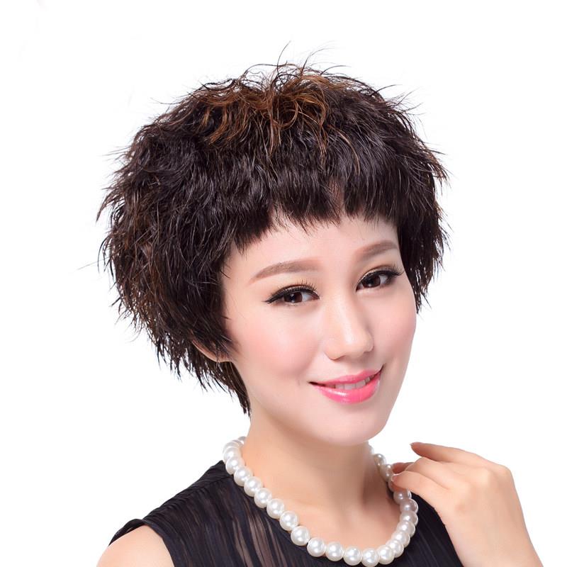 佳秀时尚真发妈妈假发短发女中老年女士真人发丝短卷发手织假发套