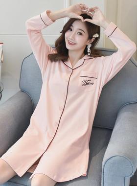 睡裙女秋冬纯棉开 襟外套翻领长袖宽松大尺码全棉厚实产房待产睡
