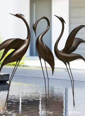 仙鹤雕塑摆件仿铜白鹭丹顶鹤玻璃钢庭院水池动物水景园林景观小品