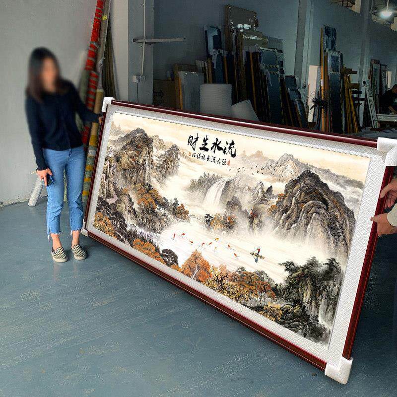 流水生财山水风景画办公室字画聚宝盆挂画客厅沙发背景墙装饰壁画