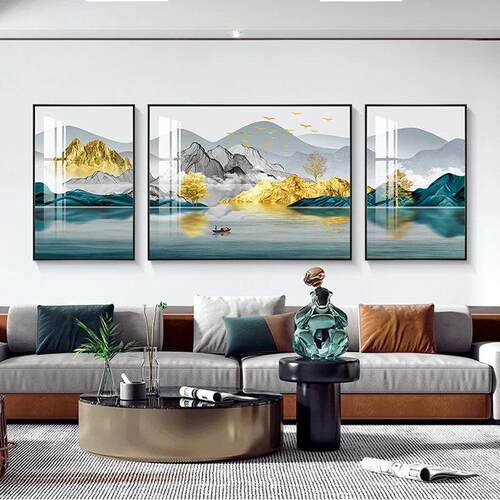 大气山水装饰画客厅背景墙挂画新中式风景沙发背景画壁画三联画
