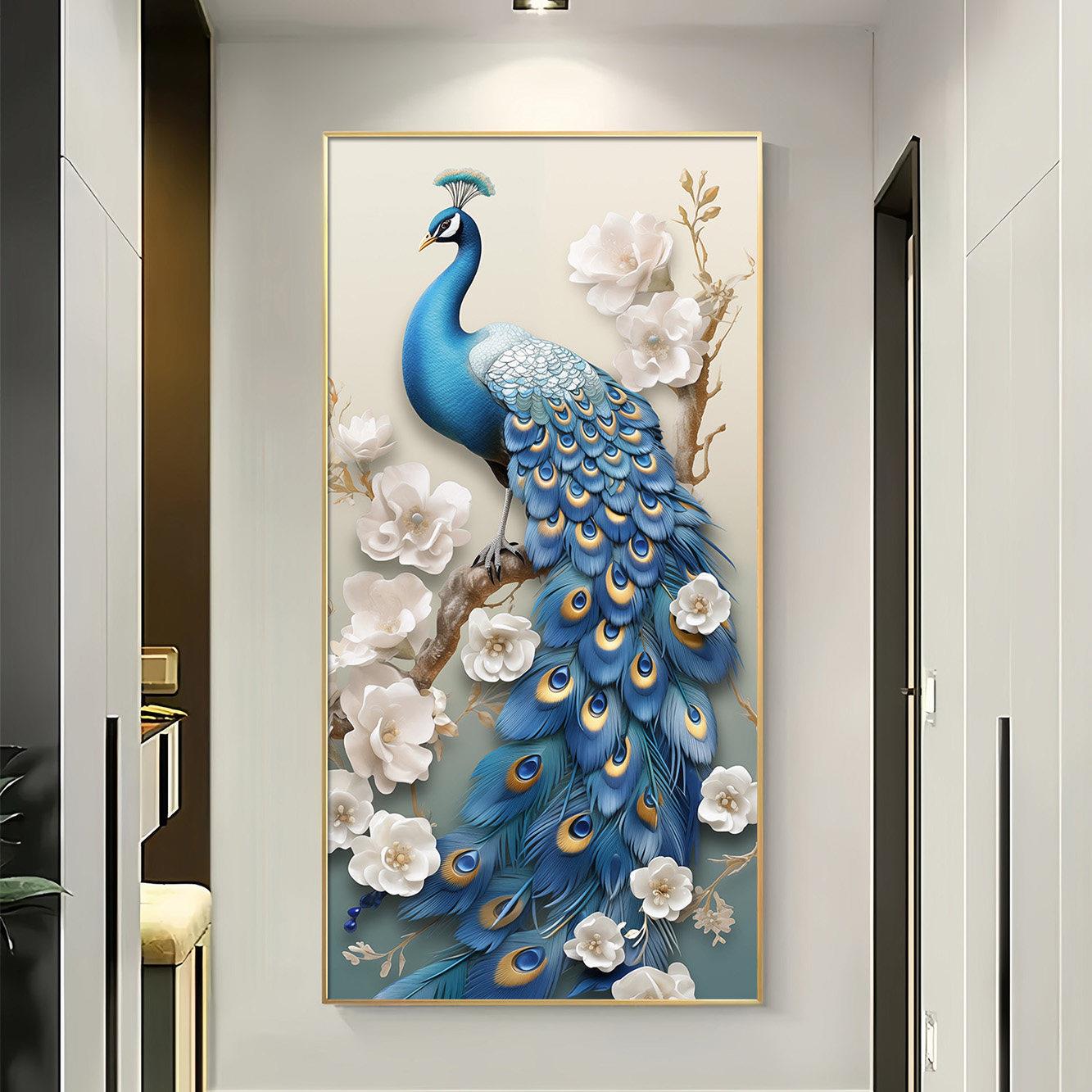 吉祥富贵孔雀挂画玄关装饰画高档镶钻带灯入户走廊大气寓意好壁画