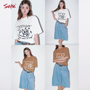 SiriHe 2025新款原创手绘可爱猫咪迟到重磅T恤男女同款情侣款