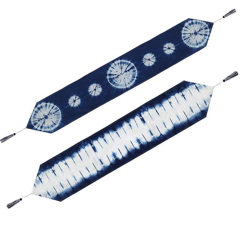 二三米植物草木靛蓝染扎染长茶席桌旗台桌布民宿装饰禅茶道艺流苏