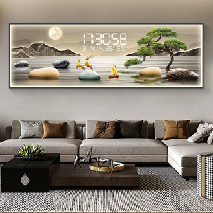 福禄钟表挂钟客厅装饰画轻奢高档万年历led电子钟山水表挂墙灯画