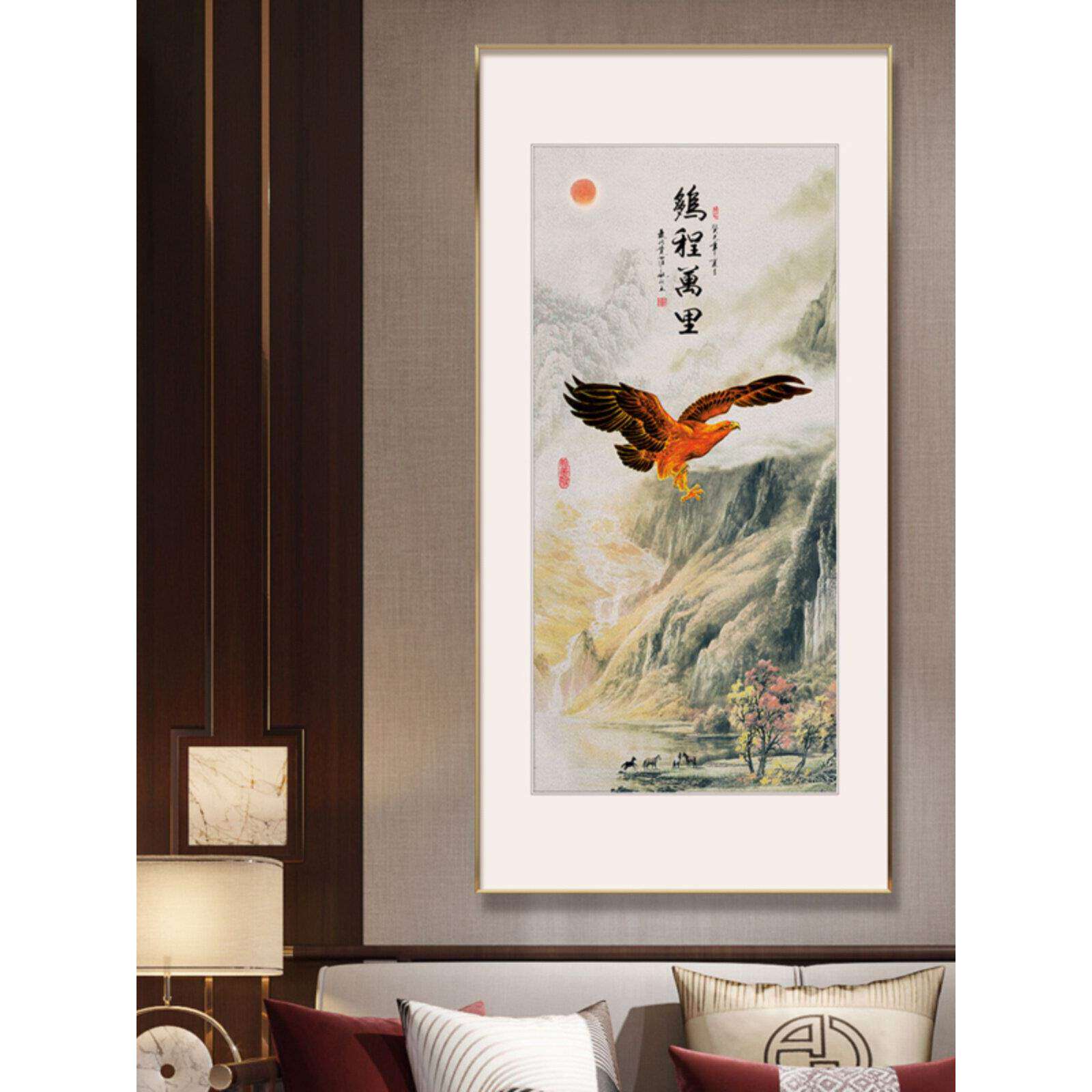 大展宏图办公室装饰画客厅大气玄关茶室书房挂画竖款大鹏展翅壁画