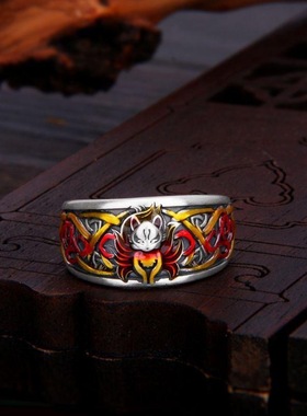 新中式泰银景泰蓝珐琅九尾妖狐戒指女国潮复古文艺民族风食指