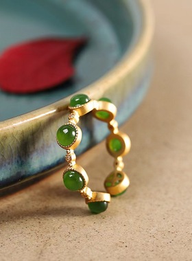 镀金色活口戒指嵌仿和田玉碧玉食指戒女送长辈礼物几何几何戒指