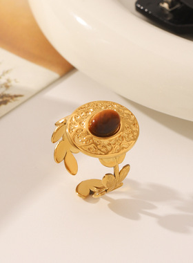 跨境热销树叶形钛钢戒指镀18K金镶虎眼石复古符文开口不锈钢戒指
