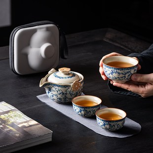 旅行茶具套装 汝窑快客杯一壶三杯便携式 户外旅游泡茶壶茶杯开片
