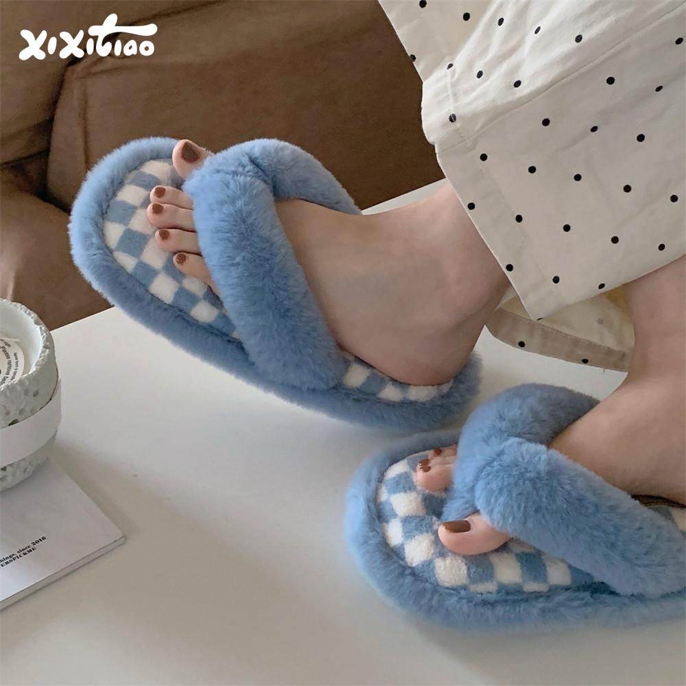 细细条 秋冬ins潮拼色格子毛绒人字拖女室内外舒适百搭夹脚棉拖鞋,居家布艺,居家棉拖/棉鞋,淘宝优惠券,粉丝福利购,淘宝优惠卷