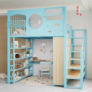 复式二楼床空中床公寓阁楼床铁艺高架床上床下桌下衣柜加厚铁架床