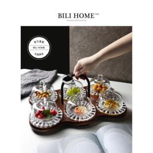 新款中式高颜值玻璃果盘点心干果六宫格分格带盖高级感实木茶点盘