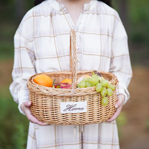 野餐手提收纳篮椭m圆礼品手工编织筐春游藤编收纳篮藤编花篮储物
