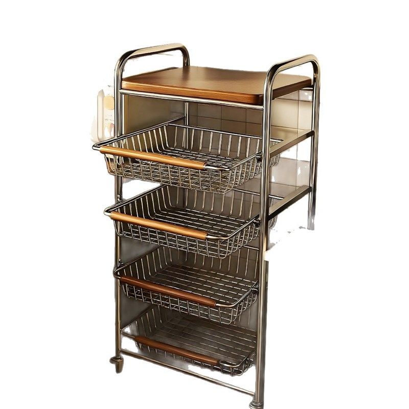 厨房置物架不锈钢多功p能落地果蔬菜篮收纳小推车多层抽拉式储物
