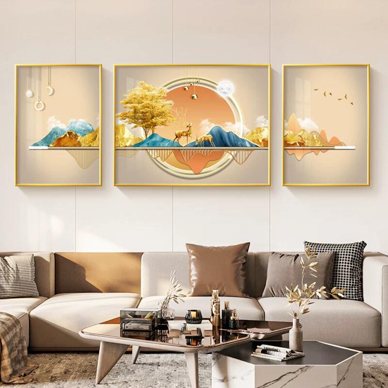 发财树金山客厅装饰画大气轻奢沙发背景墙挂画三联画2025新款壁画