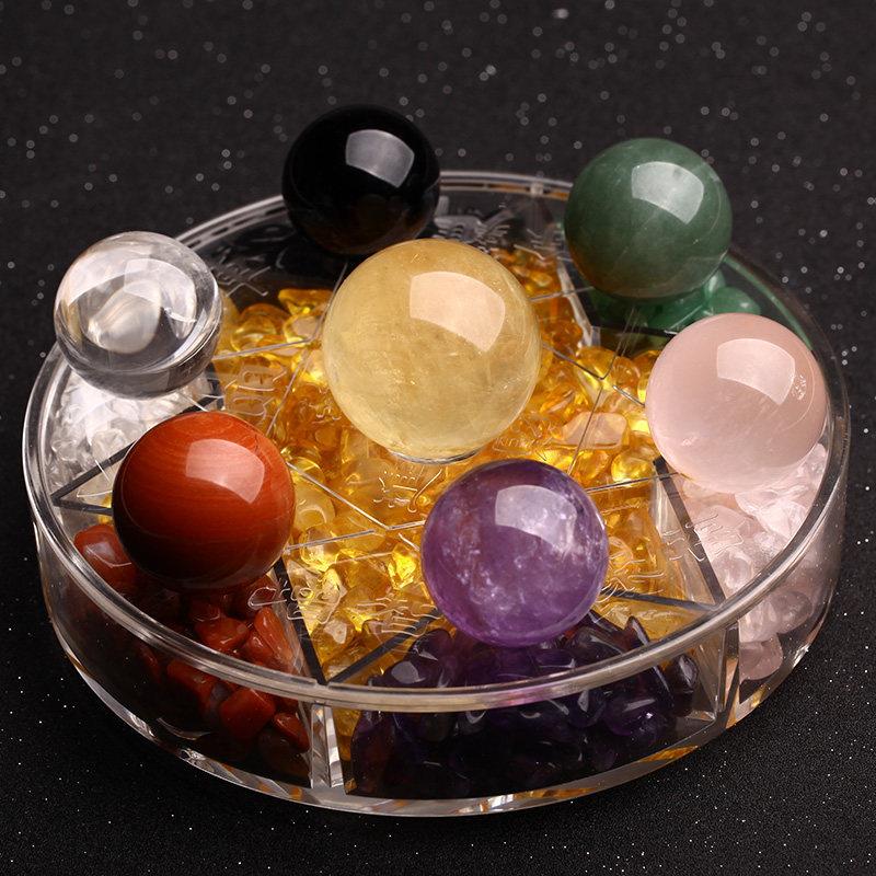 天然白黄水晶球七彩七星阵水晶球摆件玄关客厅原石打磨