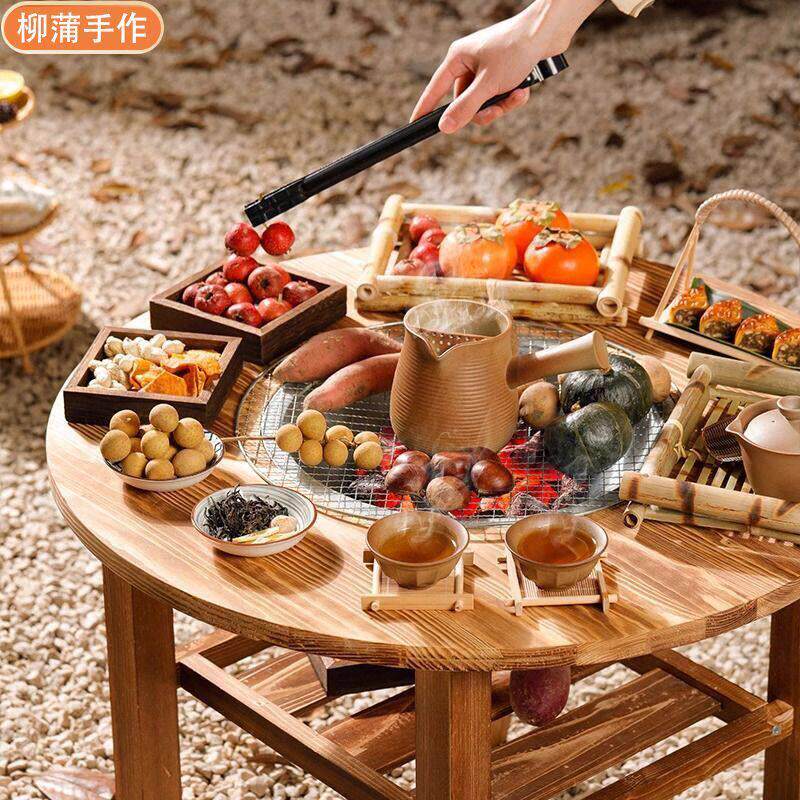 围炉煮茶实木圆桌家用室内取暖碳火盆户外烧烤桌架木炭烤火盆茶几