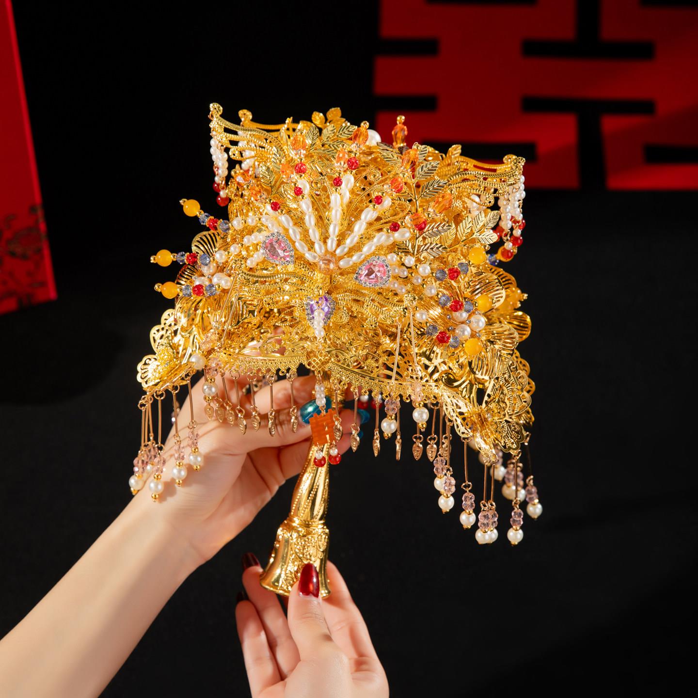 绝美金色手捧花新娘结婚权杖diy中式秀禾婚嫁捧花永生花新婚礼物