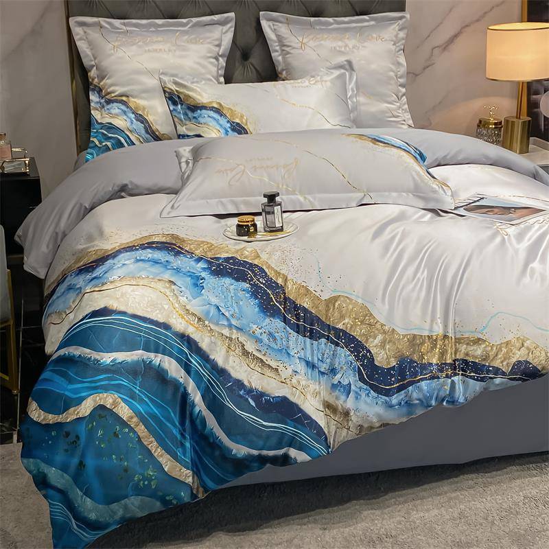 北欧风轻奢全棉纯棉四件套高级感蓝色被套床笠款床单冰丝床上用品
