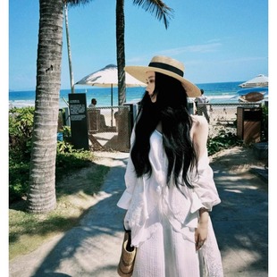 平頂法式 沙灘防曬編織遮陽帽抗UV 草帽女夏海邊度假風2025新款