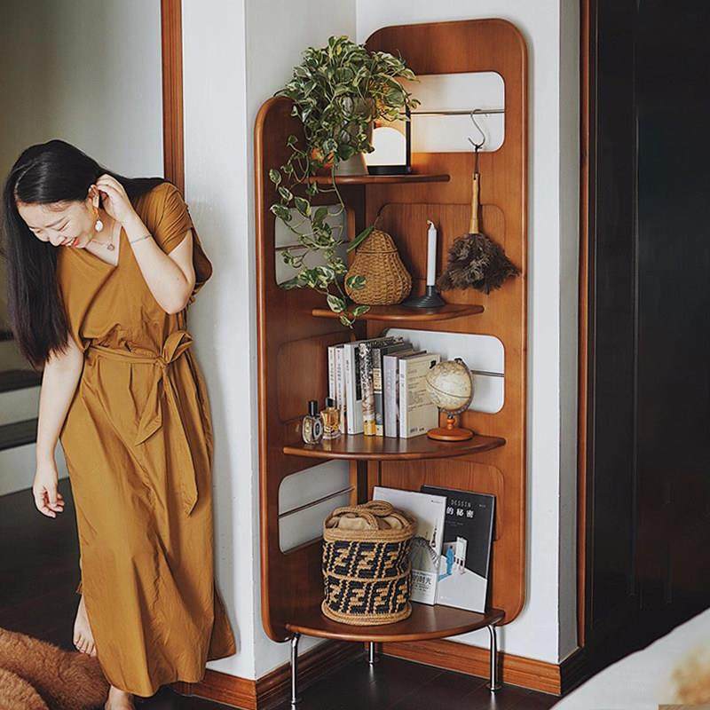 中古实木角柜转角拐角墙三角置物架沙发边新中式书架窄边床头移动